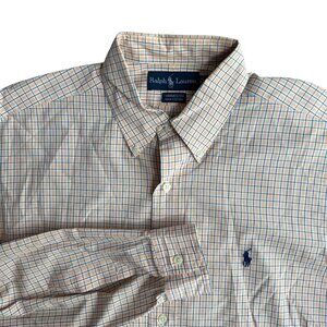 Ralph Lauren Yarmouth Mens 16‎ Orange Blue Plaid Button Up Shirt Pony Preppy